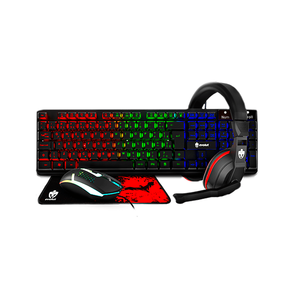 Kit Gamer Evolut 4x1 Eg-54 Teclado Abnt2 Led Rainbow + Mouse Usb 1600dpi + Headset Conexao P2 + Mousepad Speed 250x210x2 Mm