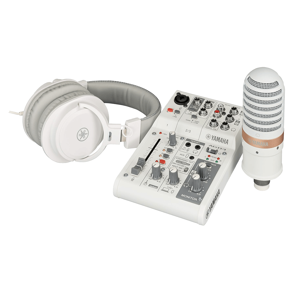 Kit Mesa de Som Yamaha, Microfone, Headset AG03MK2 LSPK, Podcast, Streaming, Branco