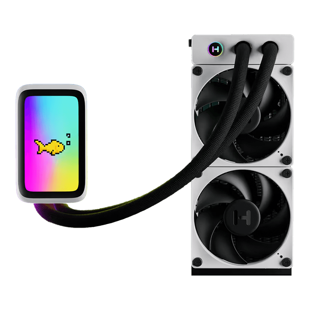 Water Cooler Gamer 240mm Hyte, THICC Q60, com LCD, IPS 5'' Branco e Preto 2 Coolers, FAN-HYTEQ60-BW